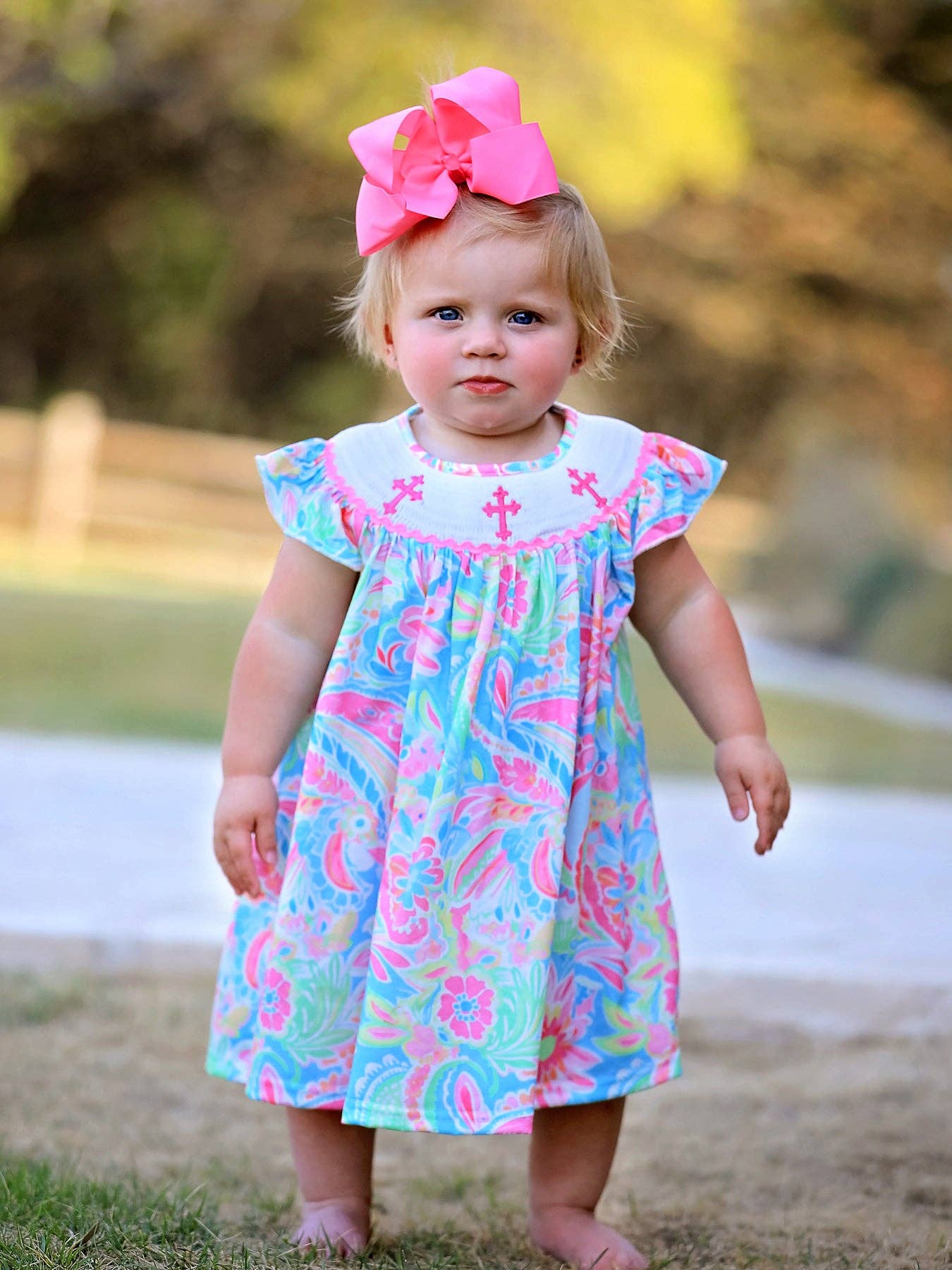 Rylee Faith Designs - Vendita all'ingrosso Vestito - Neonati - Vestito da bambina con ricamo a punto smock a croce pasquale