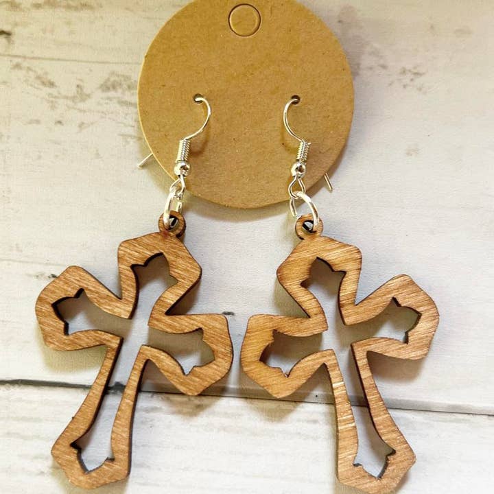 Wooden Cross Laser Cut Earrings for wholesale by Little Country Cottage LLC