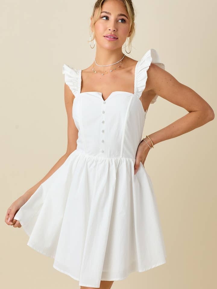Ruffled shoulder corset style dress with slit detail for wholesale by BABY PINK