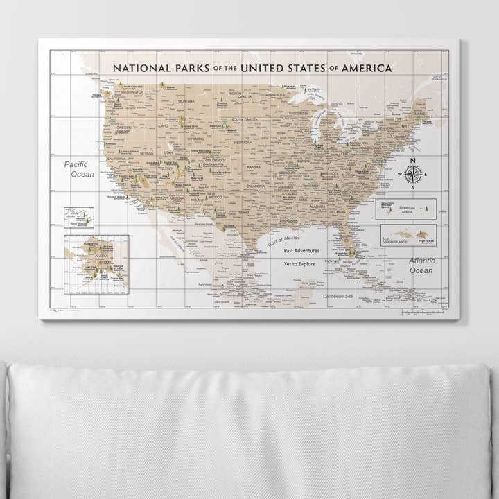 Conquest Maps - Wholesale Map - Push Pin National Parks Map - Light Brown Color Splash - Pins Included!