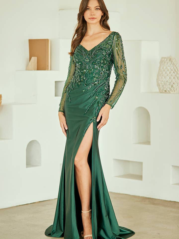 Wholesale Long Sleeve Beaded Mother of the Bride Gown with Slit Sequin Dress by LAAJQ1102 for wholesale by LA Merchandise