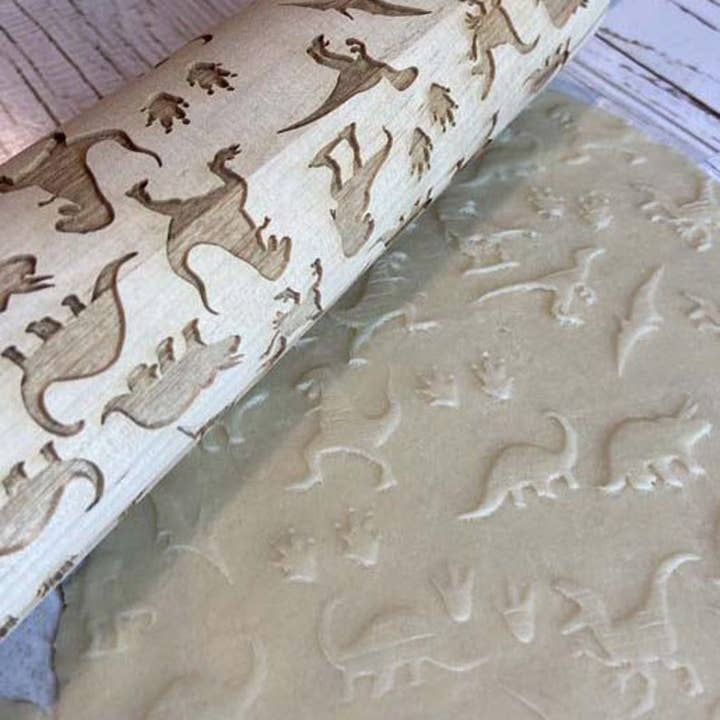 Dinosaur Laser Engraved Rolling Pin, Decorator Themed, MADE IN OKLAHOMA for wholesale by Scissortail Meadows