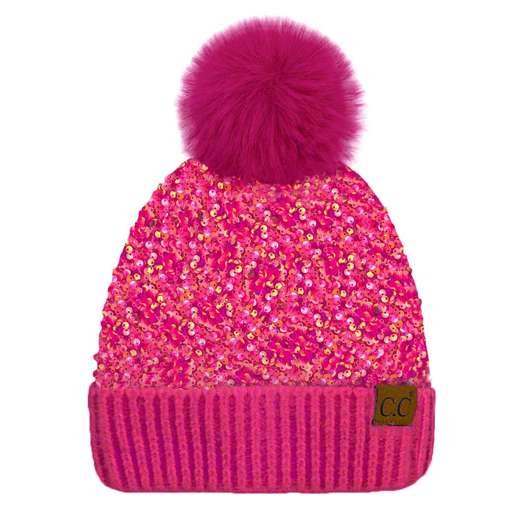 Fashion City - Wholesale Beanie - Women's - Glitter Sequined Cuff Beanie with Pom Pom5