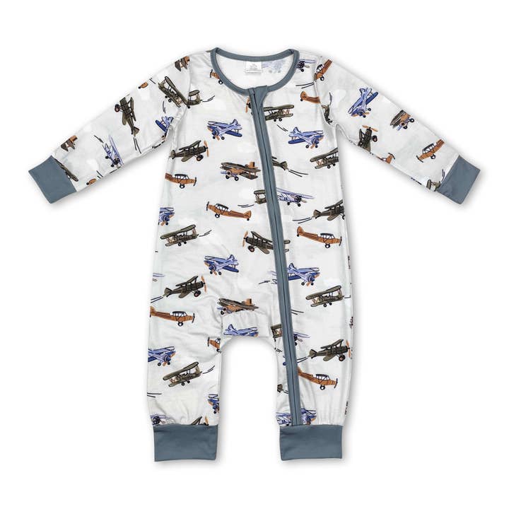 Long sleeves airplane baby boy bamboo zipper romper for wholesale by Yawoo Garments
