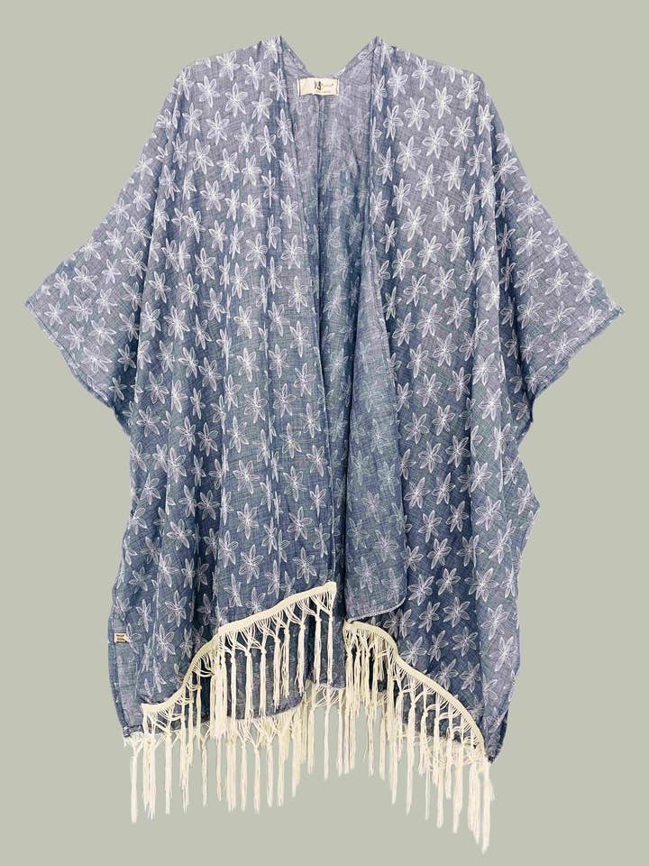 JC082204 Grå Broderet Floral Frynse-Detaljeret Kimono for engroshandel hos JC Sunny Fashion