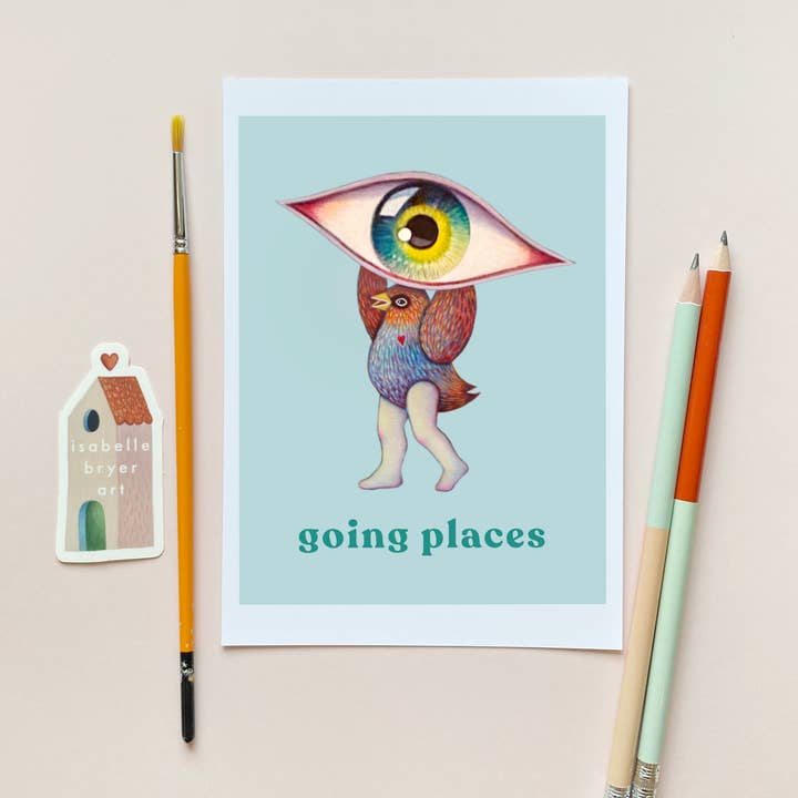 Isabelle Bryer Art - Wholesale Gewone wenskaart - Going Places Kaart – A7 Formaat Surrealistische Vogelwezen Kunstkaart0