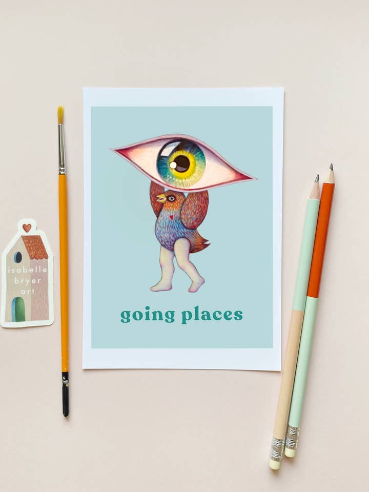 Going Places Card – A7 Size Surreal Bird Creature Art Card for wholesale by Isabelle Bryer Art