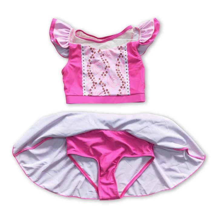 Yawoo Garments - Wholesale Two Piece Swimsuit - Kids - Hot pink floral 2 pcs lining princess girls swimsuit