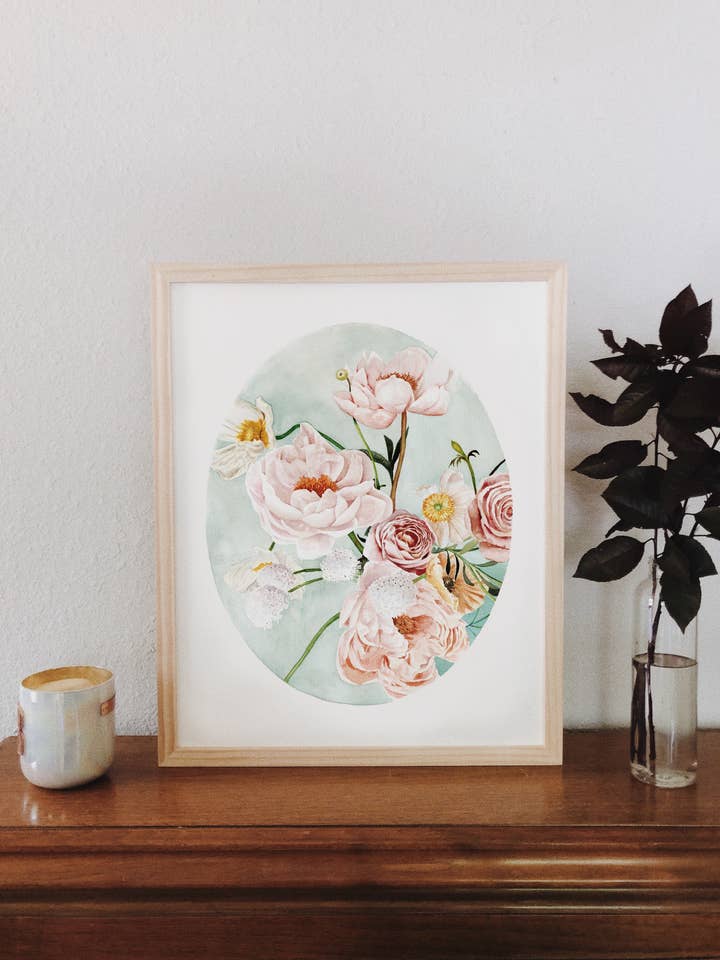 Peonies and Poppies on Blue Watercolor — Print for wholesale by Shealeen Louise