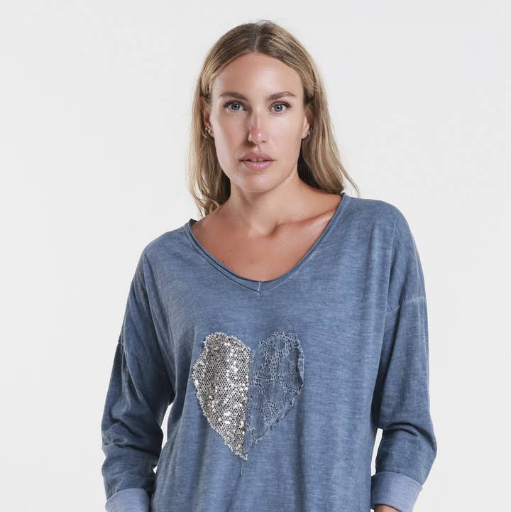 Heart Janice Long Sleeve Sequin/Lace Heart Top (BLS149) for wholesale by TINA Stephens Italy/Tees By Tina