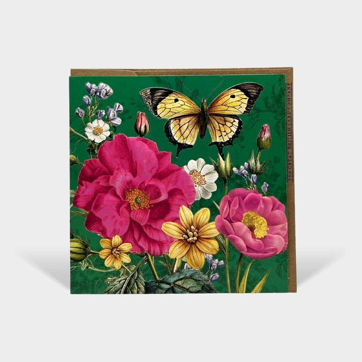Floral Botanical Open Card Birthday Occasion Green Butterfly for wholesale by The Great British Card Company (GBCC) Ltd