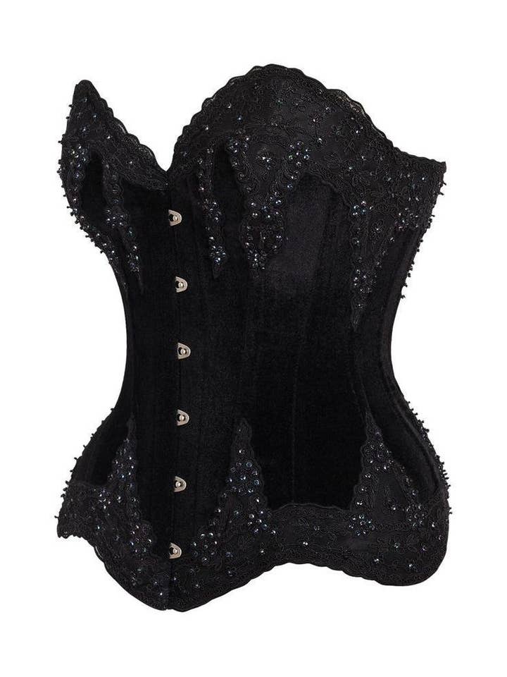 Daisy Corsets – wholesale Corset – Women′s – Top Drawer Black Velvet & Beaded Steel Boned Overbust Corset1