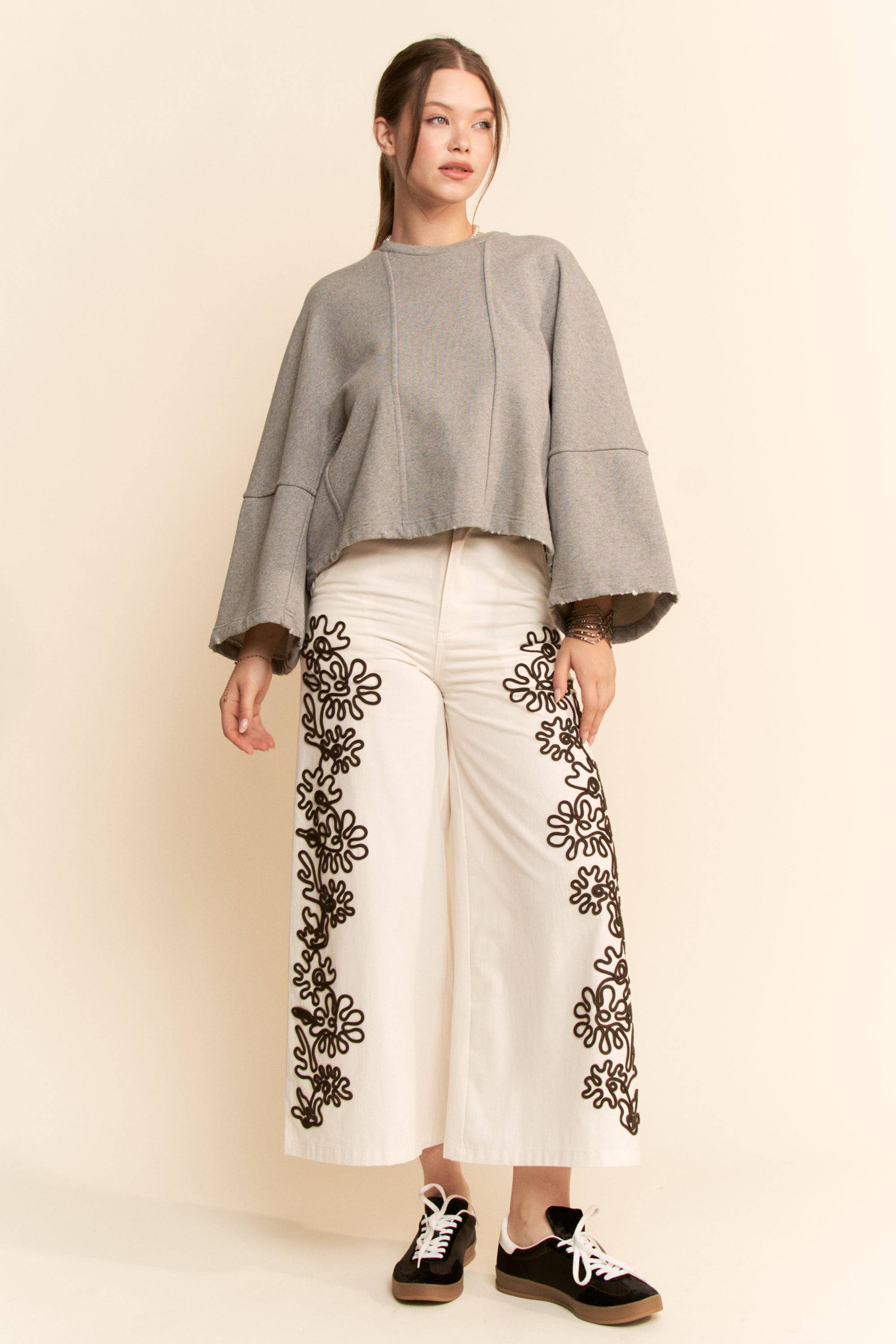 Heather Grey OVERSIZED BELL-SLEEVE RAW HEM SWEATSHIRT for wholesale on Faire7