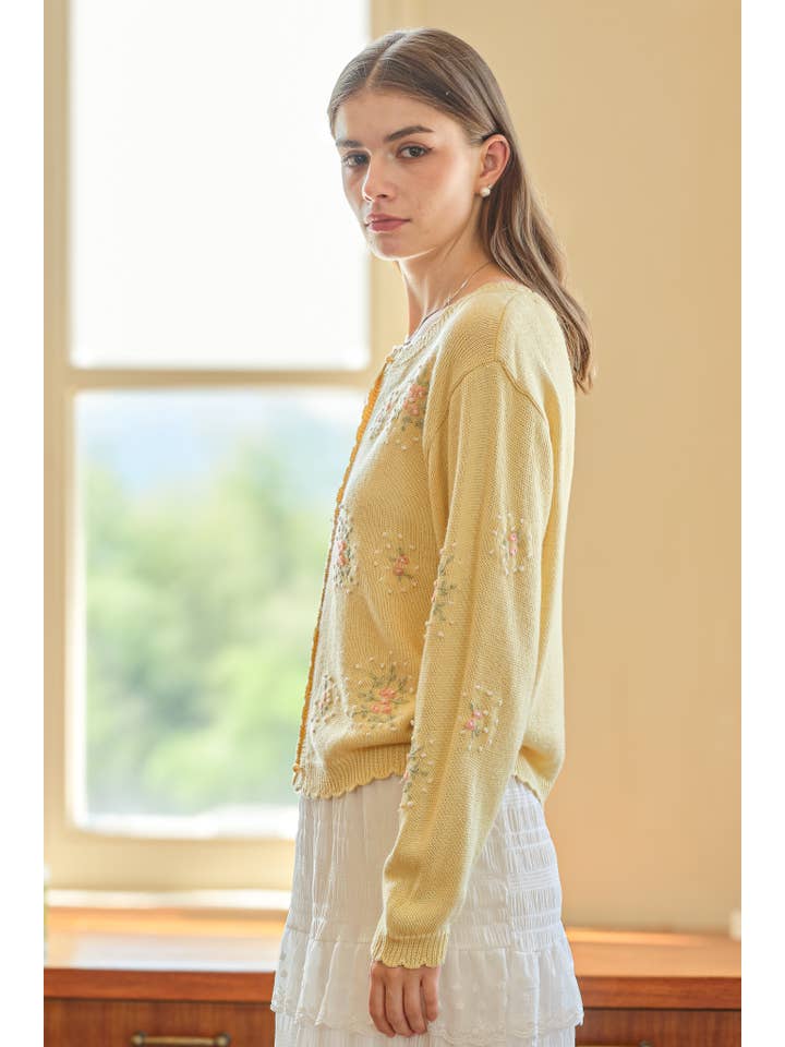 ROSIE POSIE - Wholesale Cardigan - Women's - RP2554 - Scalloped Hem Cardigan with Floral Embroidery5