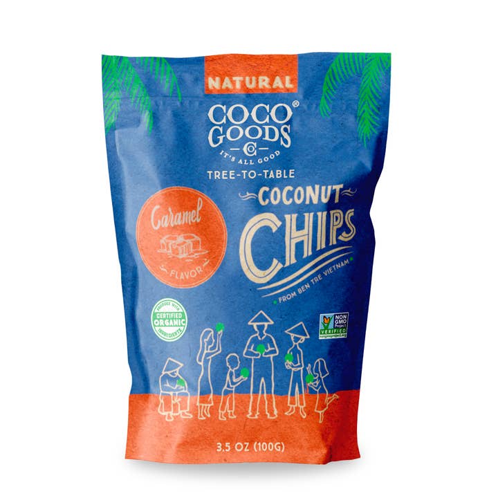 CocoGoods Co - Wholesale Chips - Natural Toasted Coconut Chips, Caramel 3.5 oz Zip Lock Bag