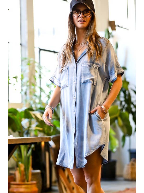 MK3369 Short sleeve front button down denim shirt dress for wholesale on Faire