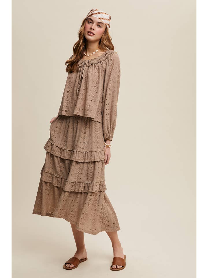 Listicle - Wholesale Top & Skirt Set - Women's - Boho Lace Tiered Maxi Skirt Set