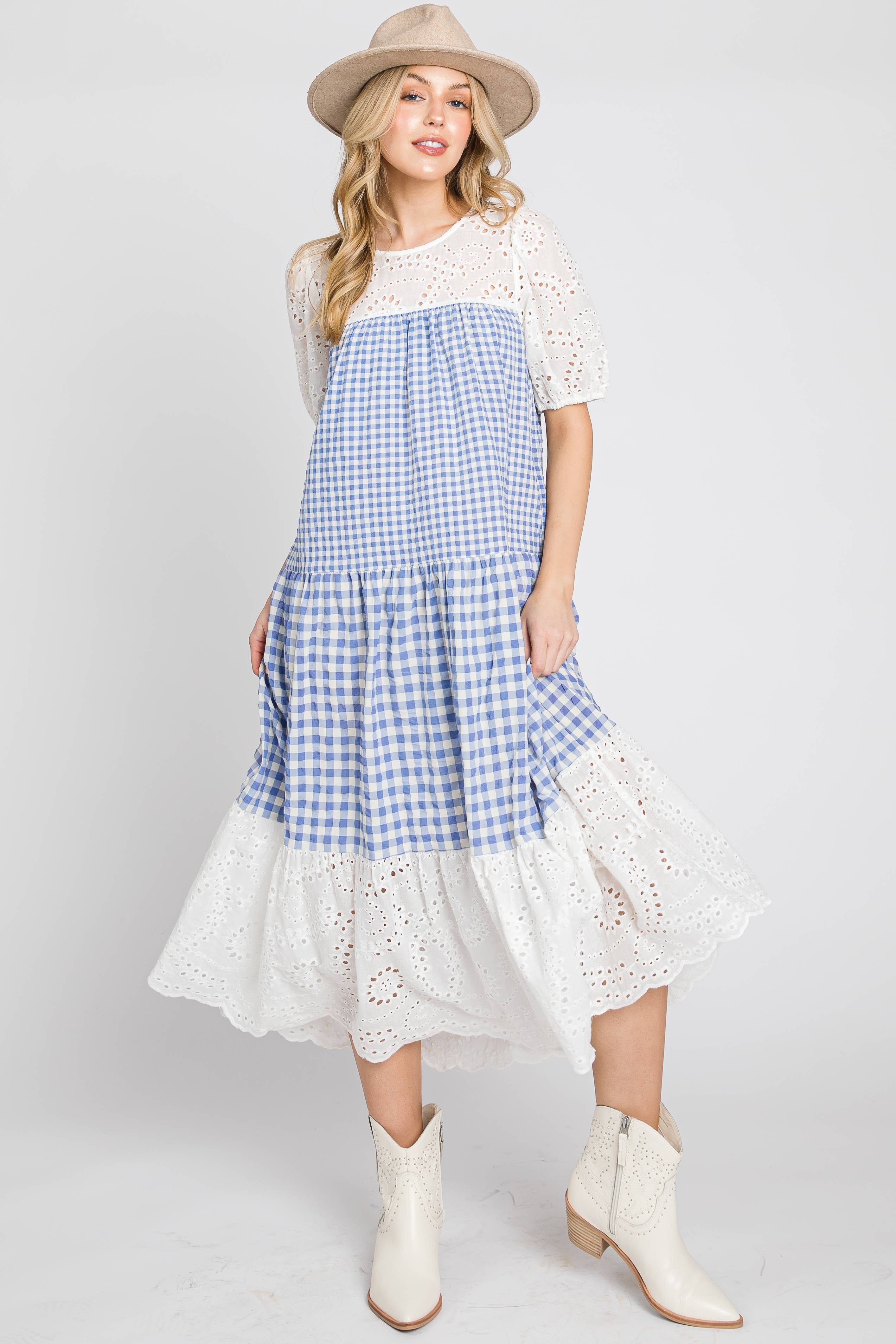 ELLEBORN - Wholesale Dress - Women's - Gingham with cotton eyelet midi dress 3127D-2