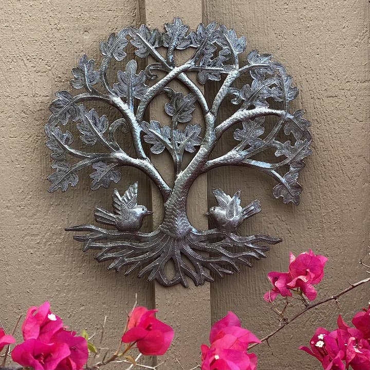 13" Small Round Oak Tree with Birds, Wall Hanging Art for wholesale by Haiti Fair Trade~ It's Cactus
