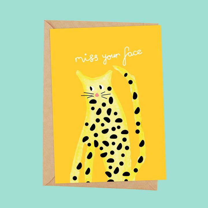 'Miss your Face' Yellow Leopard greetings card for wholesale by Ta doodle dah Stationery