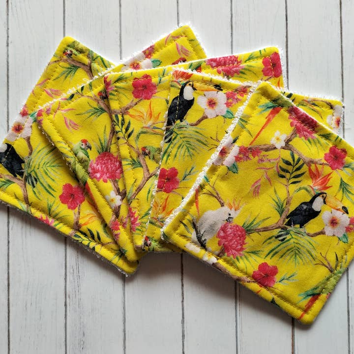 Tropical birds reusable face wipes, make up remover pads for wholesale by Hannah and me
