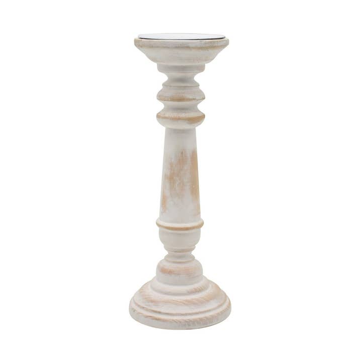 Round Wood Pillar Candle Holder, Antique White for wholesale by NACH