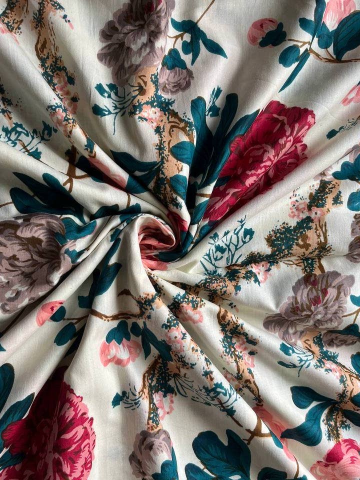 White Floral Print Fabric Women Clothing Dress Fabric Summer for wholesale by Bhawana Handicrafts