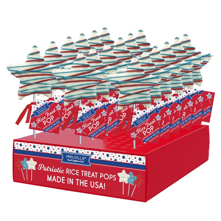 Patriotic Star Drizzle Rice Treat Pops for wholesale by Melville Candy Company