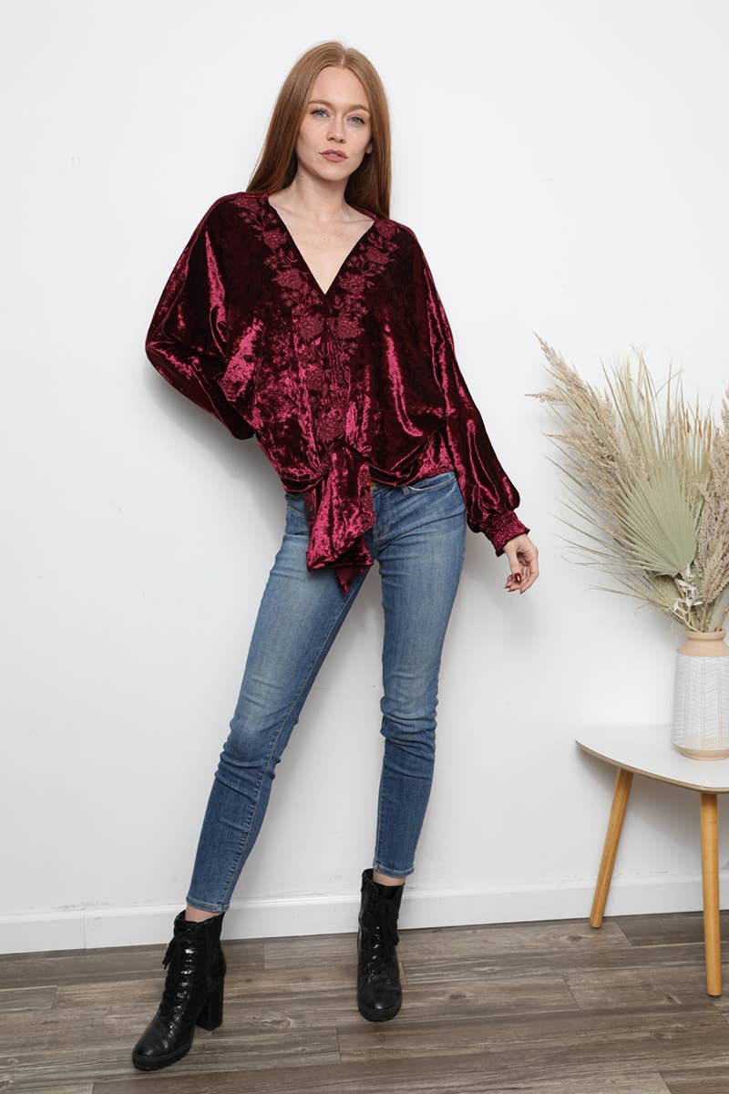 Nostalgia - Wholesale Blouse - Women's - E2V75-ASIS CRUSHED VELVET V NECK EMBROIDERED TIE WAIST TOP1