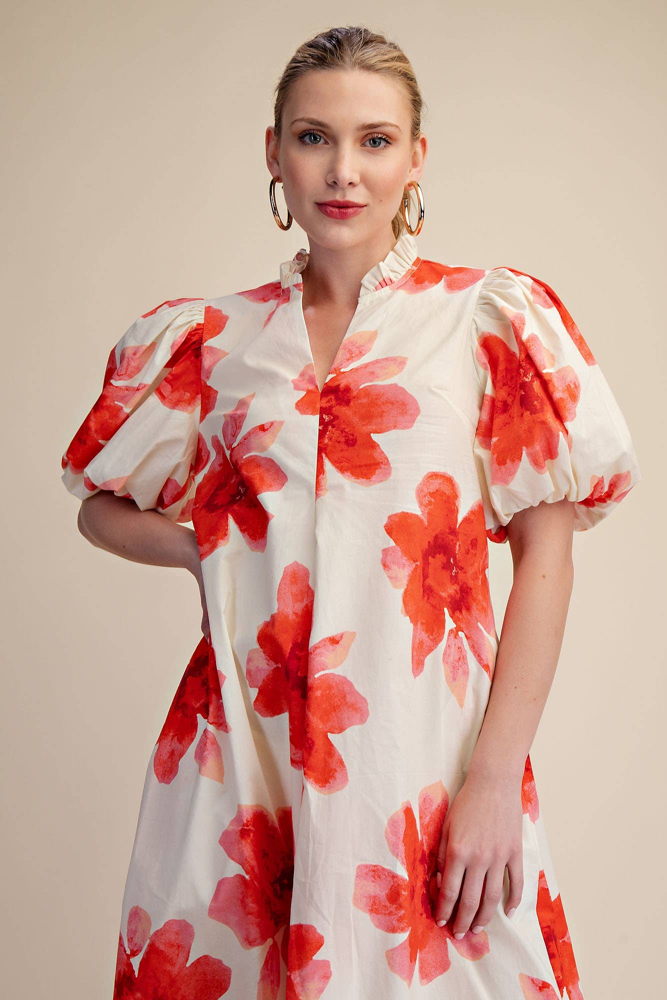 Glam - Wholesale Dress - Women's - Ruffle V-Neck Puff Sleeve Waist Pleated Midi Dress20