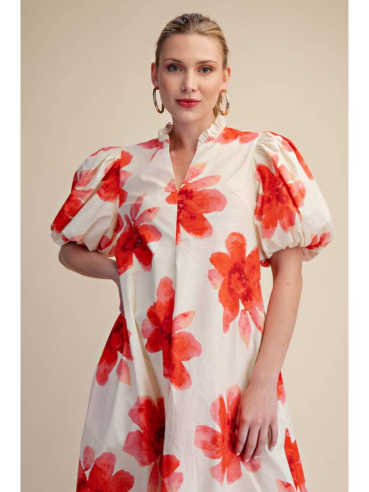 Glam - Wholesale Dress - Women's - Ruffle V-Neck Puff Sleeve Waist Pleated Midi Dress20