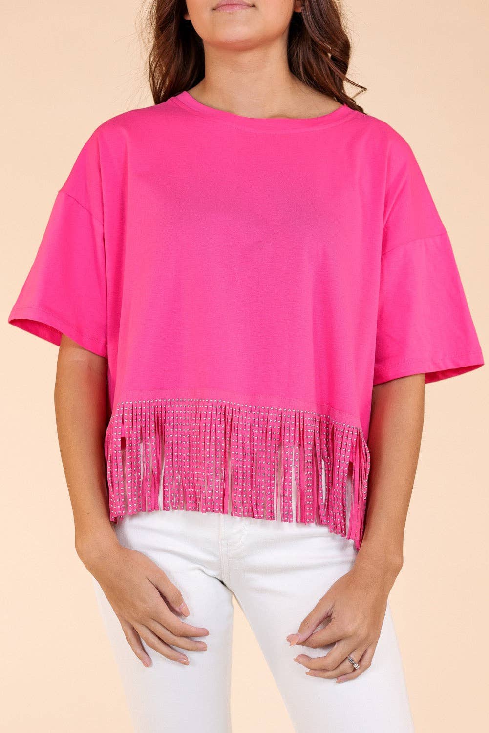 Here for the Show Studded Fringe Crop Top, Hot Pink for wholesale on Faire3
