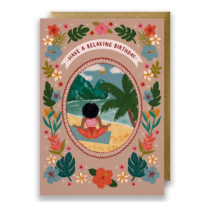 Tropical Beach Yoga Birthday Card - Have A Relaxing Birthday for wholesale by Jessie Maeve Studio