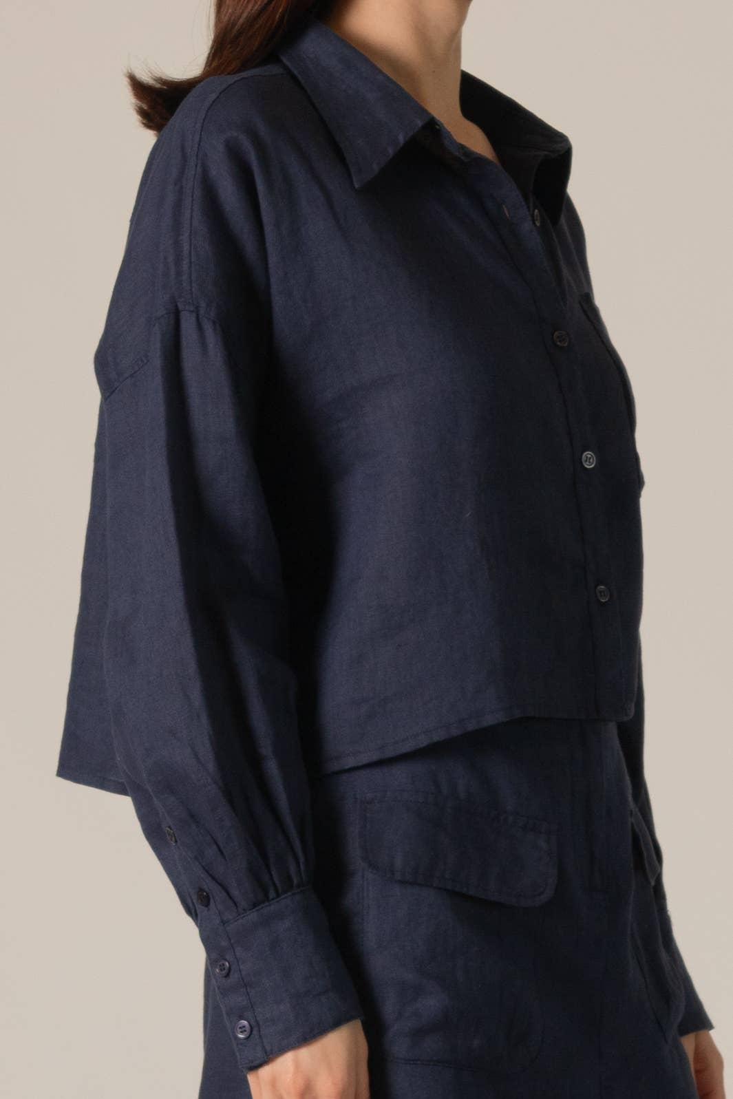 Natural P.CILL 100% Linen Cropped Button Up Shirt for wholesale on Faire10