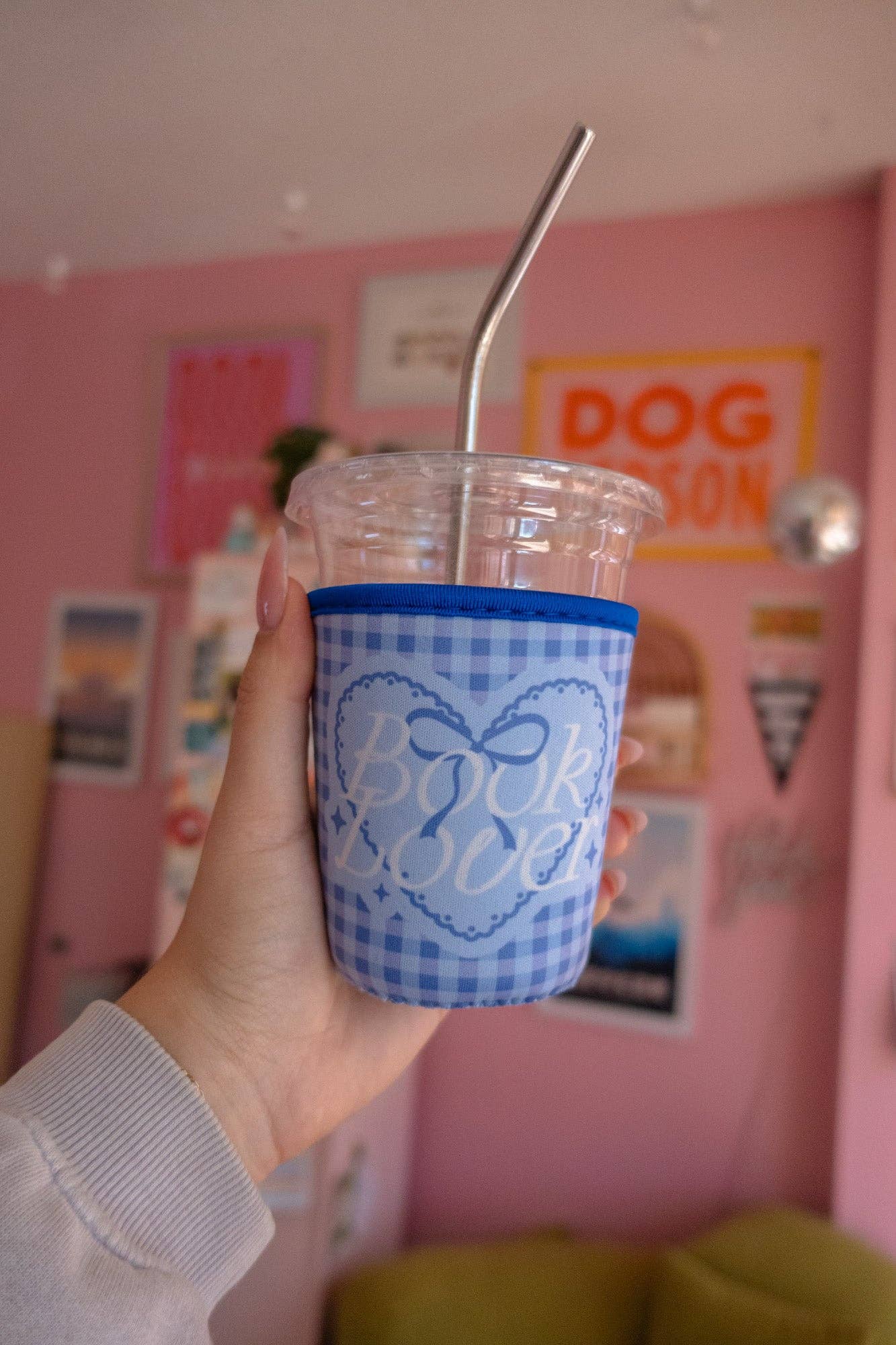 Jollie Ollie Designs - Wholesale Drink Huggers & Koozies - Book Lover [blue gingham] Coffee Sleeve2