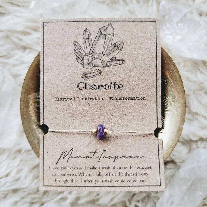 Charoite Crystal Wish Bracelet with Hemp Cord & Gold Bead for wholesale by MountInspire Ltd.