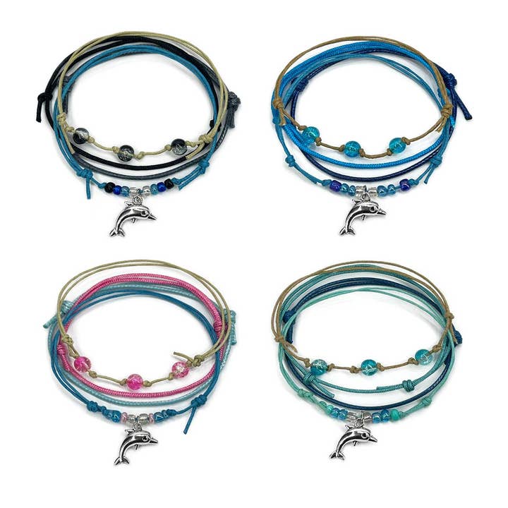 O Yeah Gifts - Wholesale Link & Chain Bracelet - Blue Dolphin Stackable Beach Charm Bracelet Style Pack4