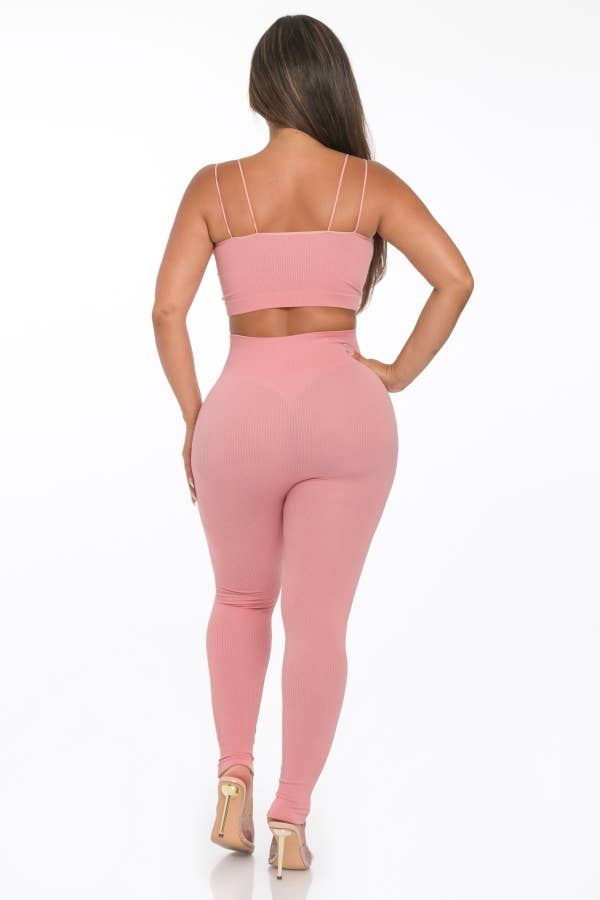 Lime All the Time - Wholesale Lounge Set - Women's - 2 Pcs Seamless Double Spaghetti Strap Top and Legging Set10