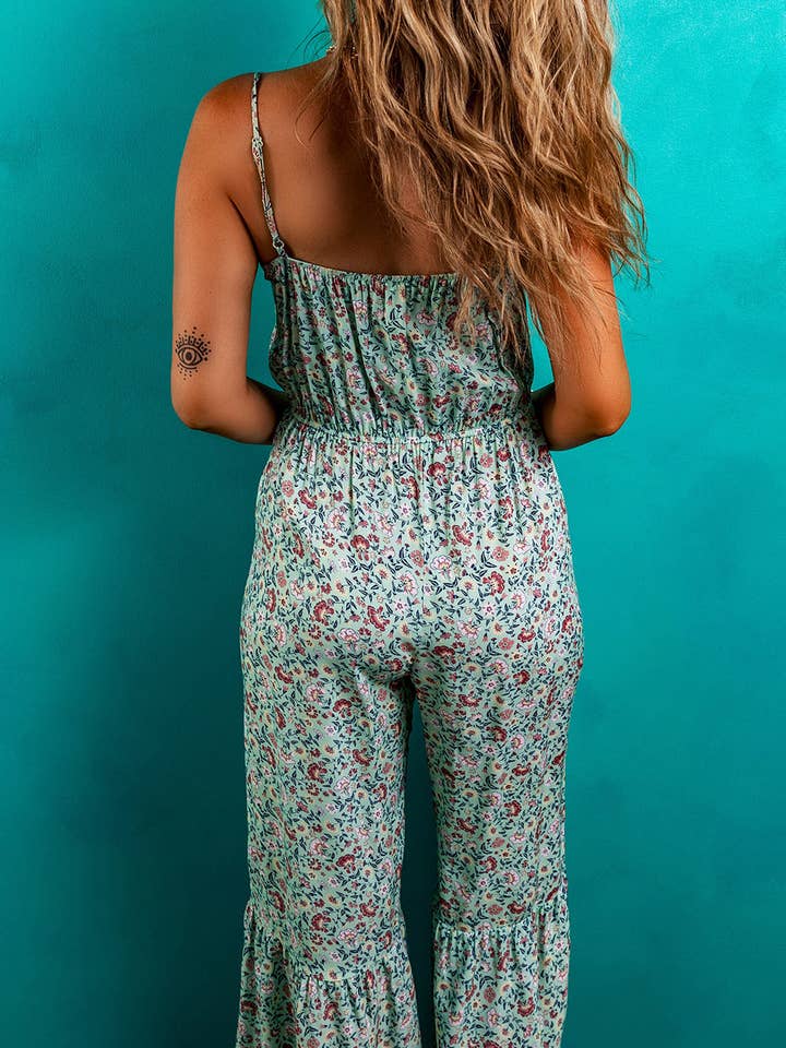 Green Bohemian Floral Ruffle Bottom Spaghetti Strap Jumpsuit for wholesale on Faire