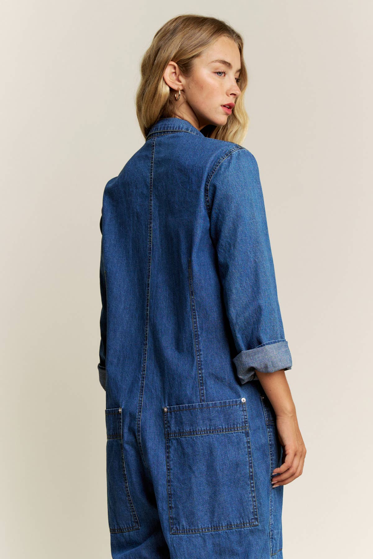 Lara Daisy - Wholesale Jumpsuit - Women's - Collared Neck Button Fly Relaxed Denim Jumpsuit4
