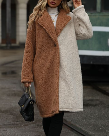 Camel Contrast faux fur teedy sherpa longline coat for wholesale on Faire7