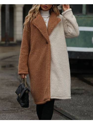 Camel Contrast faux fur teedy sherpa longline coat for wholesale on Faire7