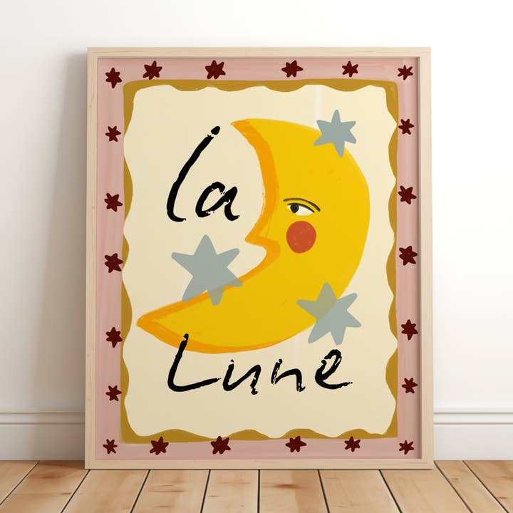 La Lune, Moon Print, Nursery Wall Art, Kids Print, Boho Art for wholesale by Lara and Kin