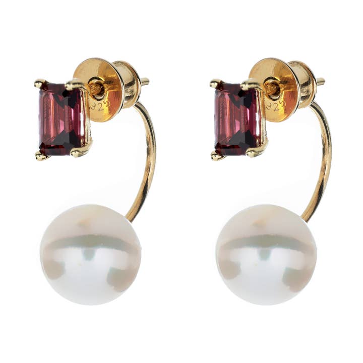 Emerald-Cut Garnet Piercing Earrings with Natural Pearls | Unique for wholesale by ISHWARA JEWELS