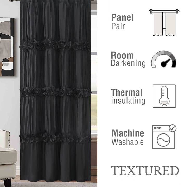 HIG - Wholesale Curtain - Farmhouse Ruffle Window Curtains with Blackout Liner Handmade Bow Ties Drapes 2 Panels Set, 54"W x 84"L21