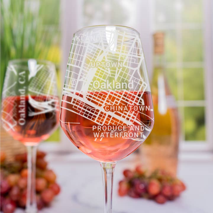 Oakland CA - Street Map - Engraved Wine Glass for wholesale by Blue Ridge Mountain Gifts