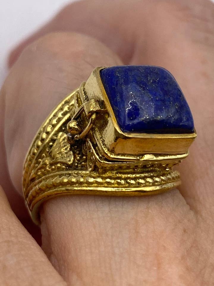 Vintage Blue Lapis Brass Poison Pillbox Ring for wholesale by Nemesis Jewelry NYC