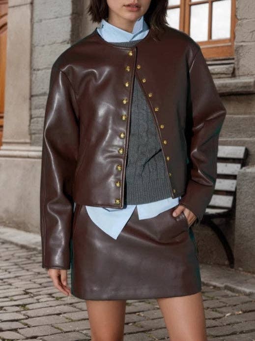 Brun PU Metallknapp Kort Kappa Lättvikt Mörkbrun N5Z622 för wholesale på Faire0