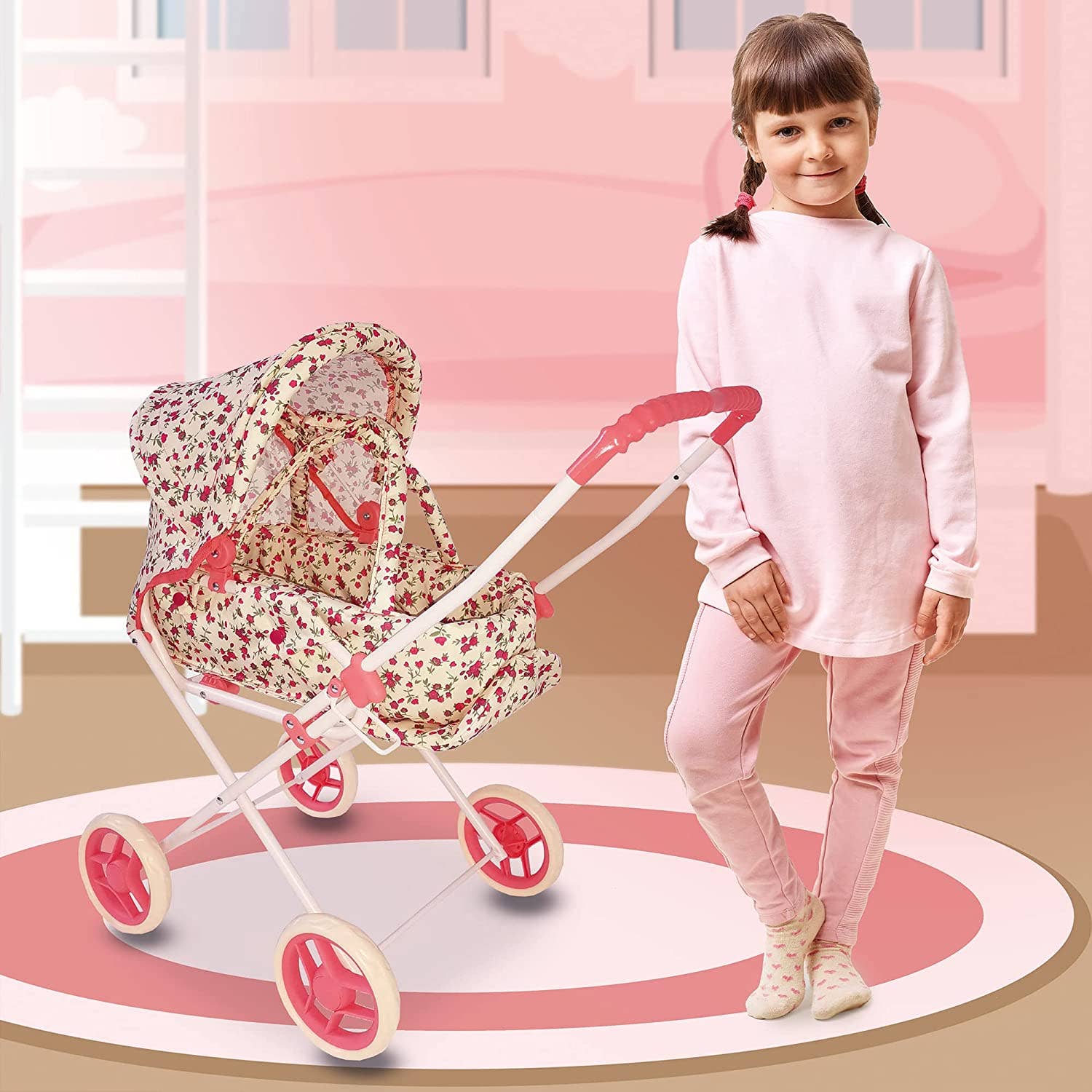 The New York Doll Collection - Wholesale Doll Stroller - Kids - Heart Printed Doll Bassinet Stroller with Travel Carry Bag9