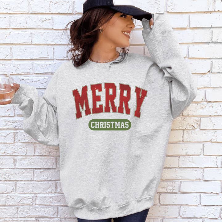 Merry Christmas Classic Ash Graphic Crew for wholesale by H+P Wholesale